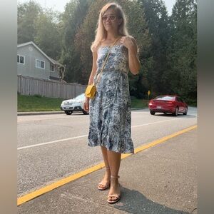 Lovestitch Navy White English Floral Metallic Patterned Dainty Faux Wrap Dress